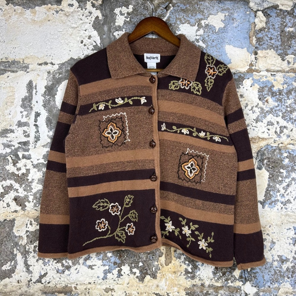 Y2K BonWorth Cardigan Brown Embroidered Fall Floral Button Up Sweater Women XLP